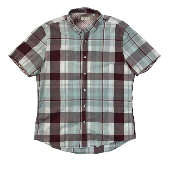 7 Diamonds Shirt Mens L Large Gray Multi Plaid Cotton Curved Hem Short Sleeves - Picture 1 of 12